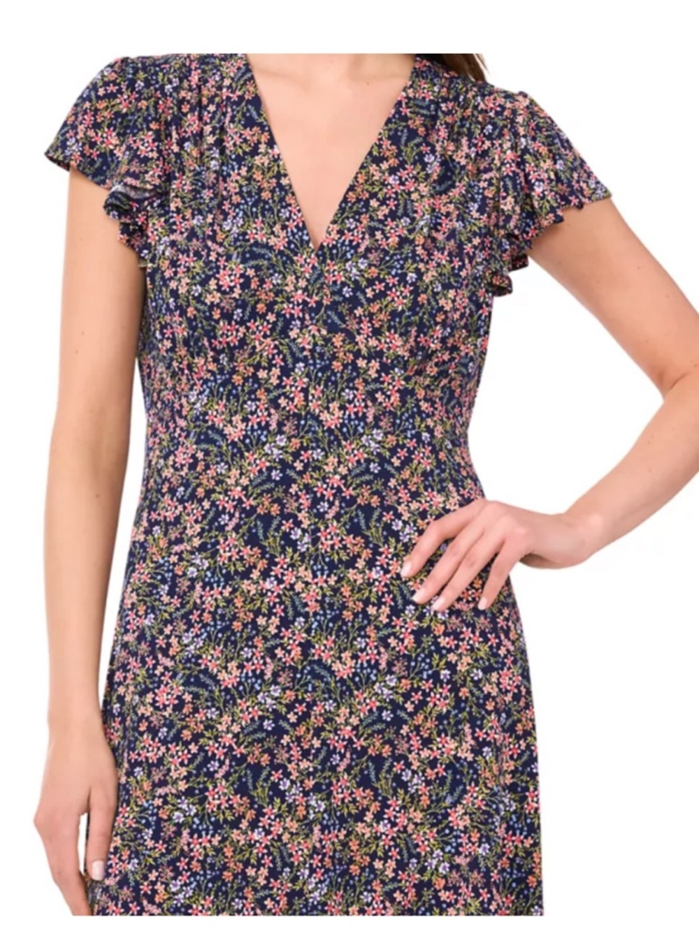 Floral V-Neck Ruffle Sleeve Dress - Navy with Pink, & Green Floral Print